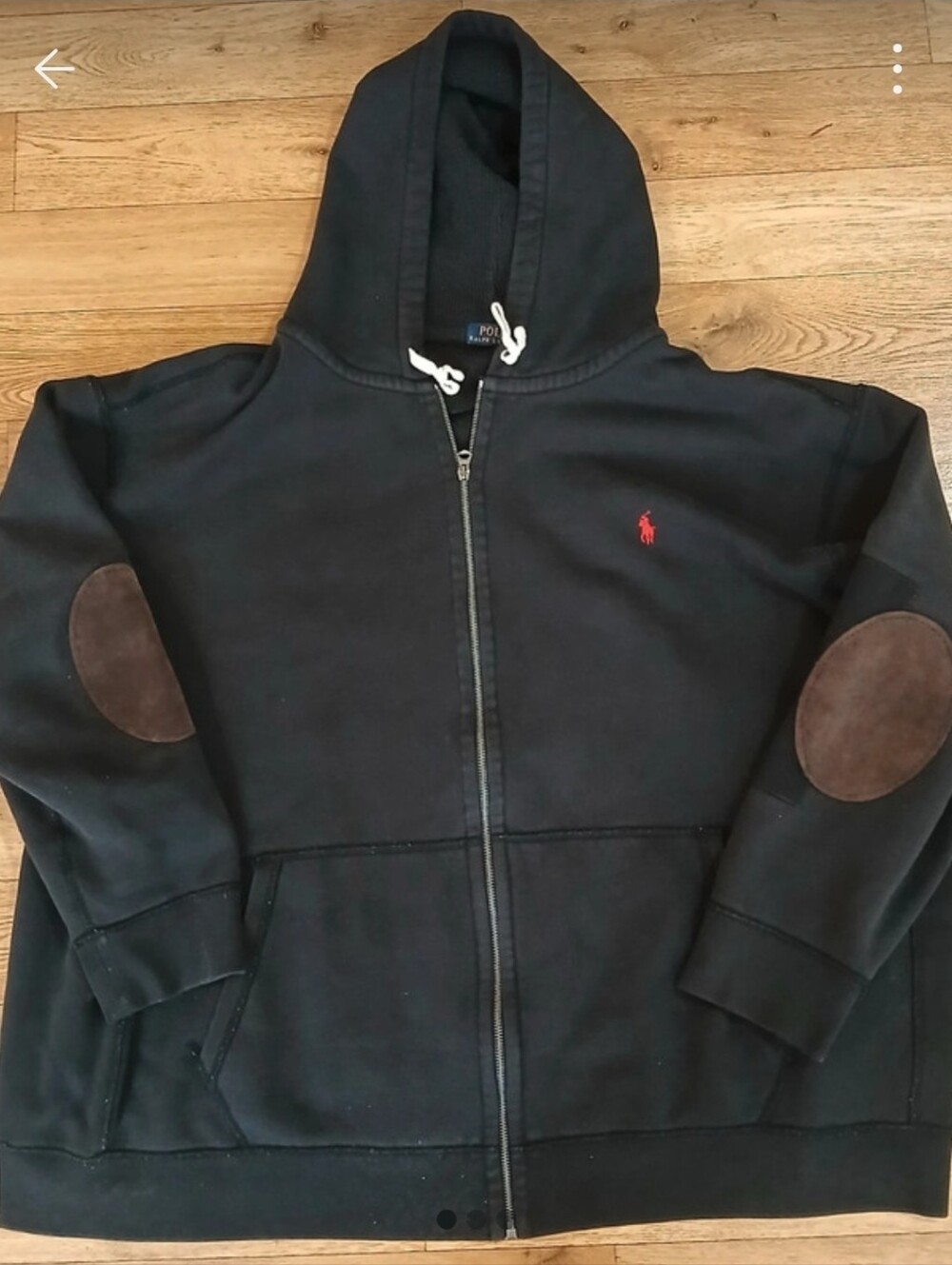 Polo by Ralph Lauren Men's Black Zip Hoodie with Brown Elbow Patches